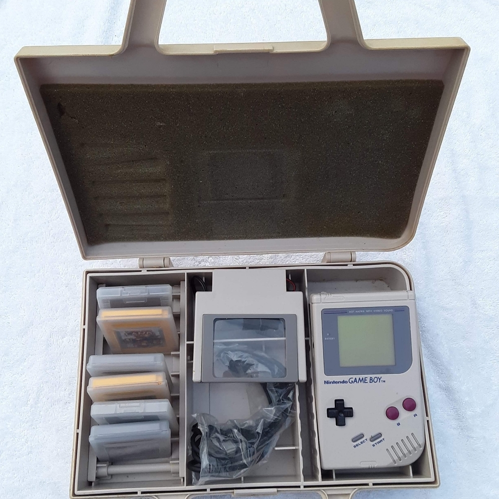 Nintendo Game Boy, 6 games, and Attachments